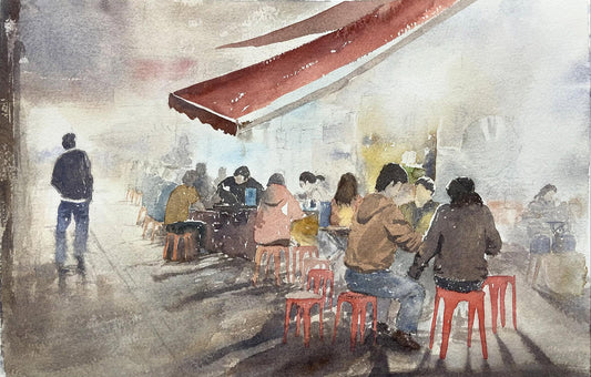 Hong Kong Night Market Warmth (Watercolor - Original)