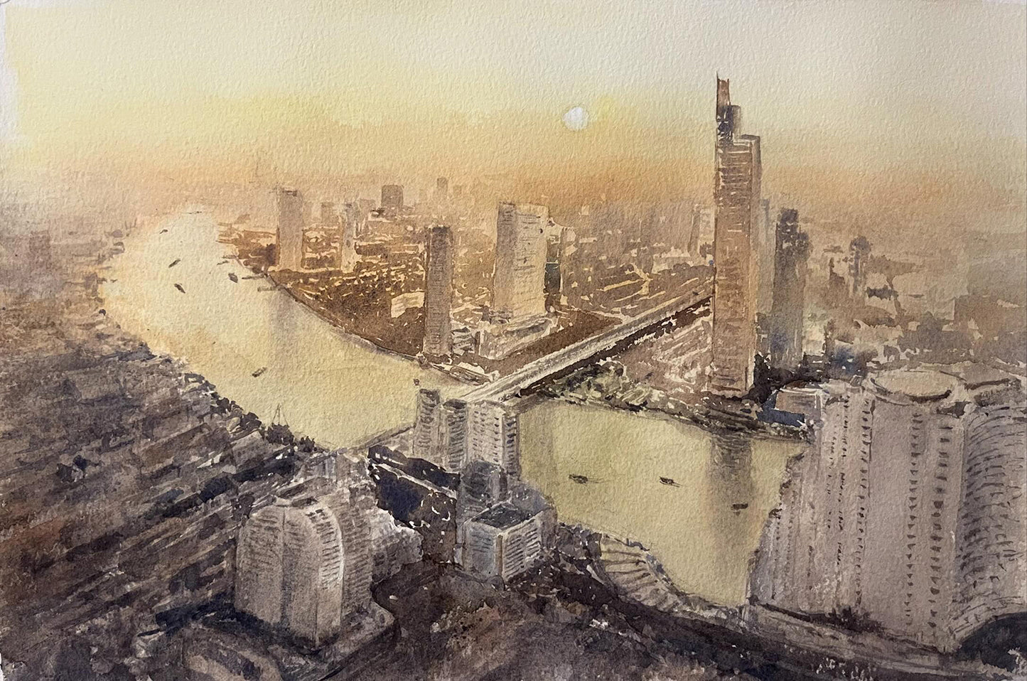 Bangkok's Golden Hour (Watercolor - Original)